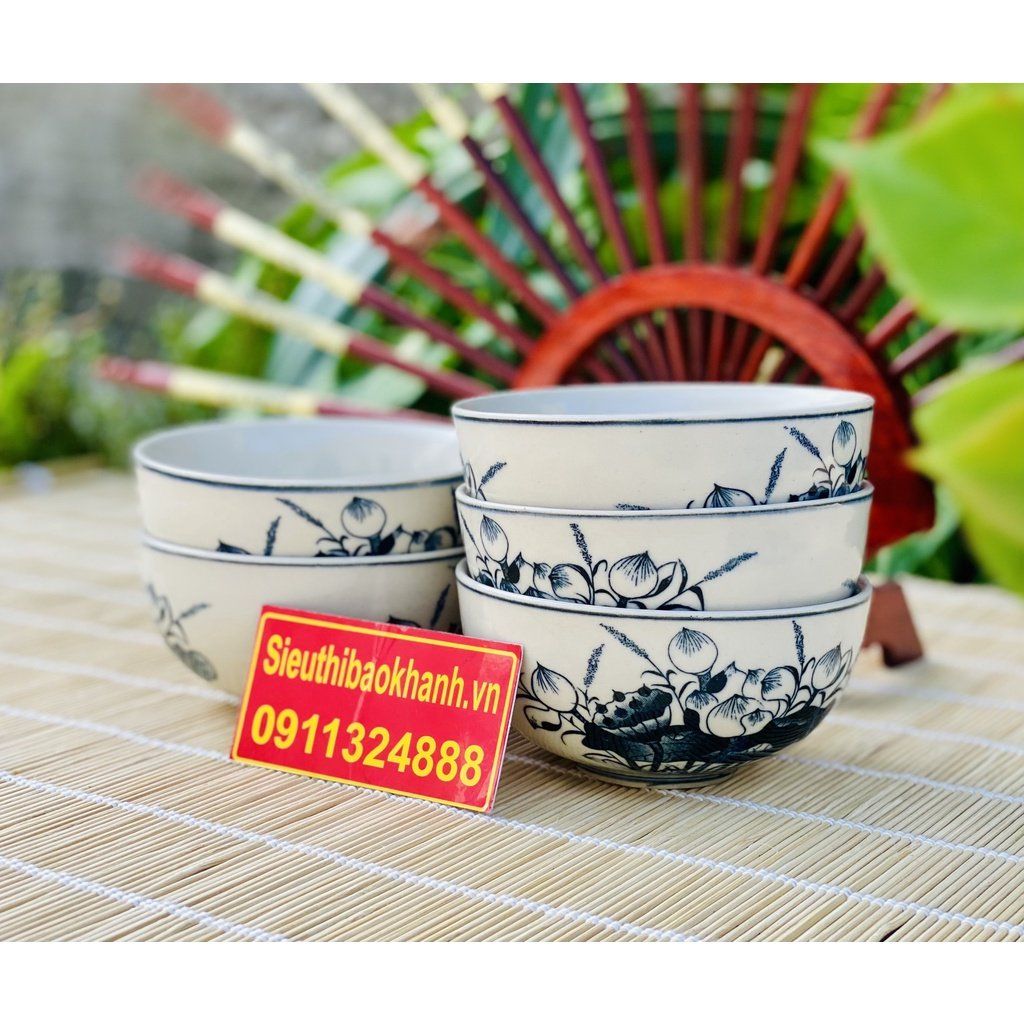 Bộ 10 bát men trắng vẽ sen
