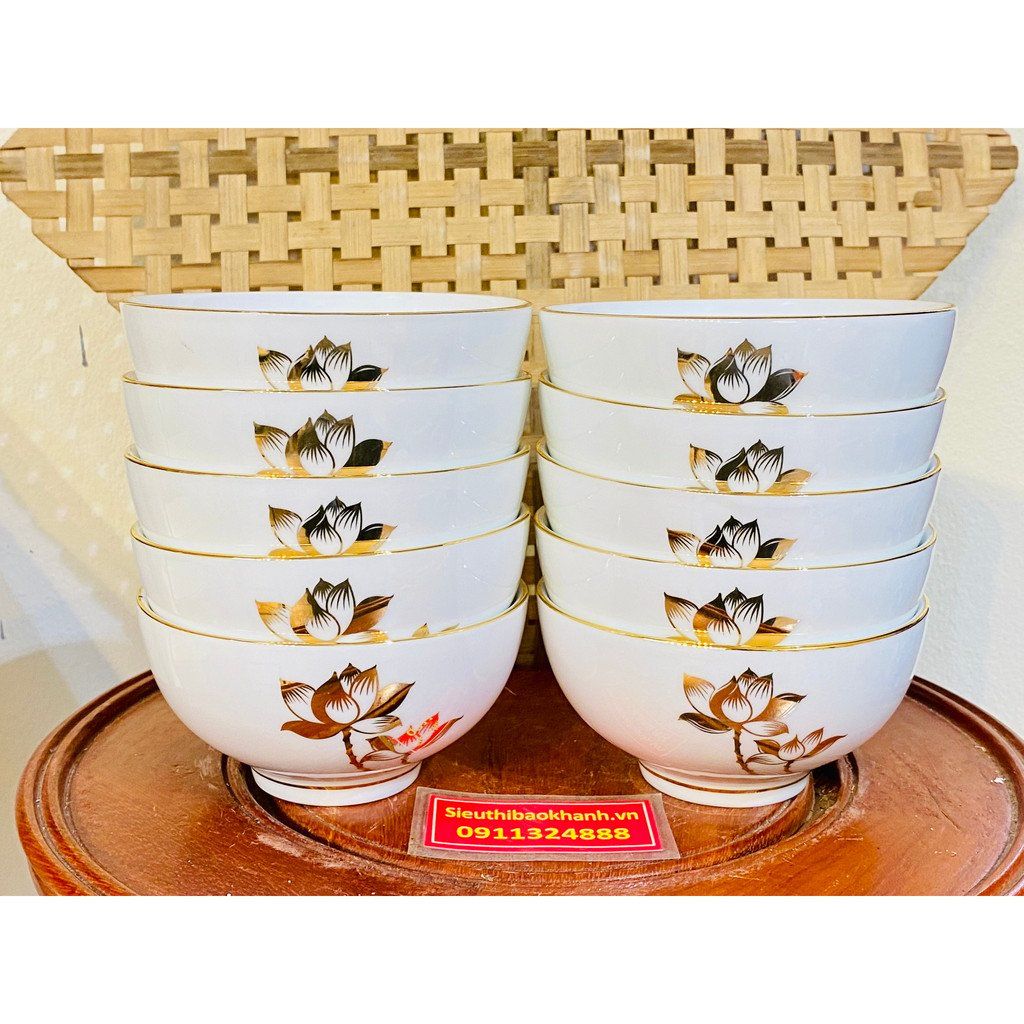 Bộ 10 bát ăn họa tiết Hoa Sen chỉ vàng Bát Tràng cao cấp