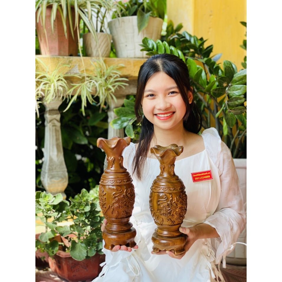 Cặp lục bình gỗ bách xanh vân tự nhiên cao 30cm