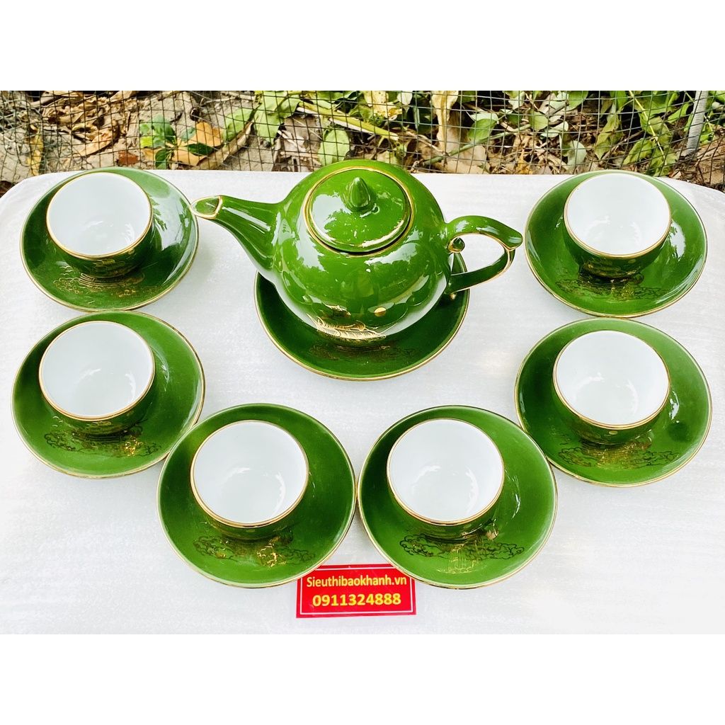 Bộ ấm chén màu xanh men ngọc họa tiết thuận buồm xuôi gió vẽ vàng BKCEVN-8030
