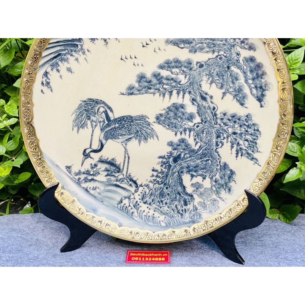 Đĩa gốm trang trí,để bàn họa tiết Tùng Hạc Diên Niên chính hãng Bát Tràng 35cm