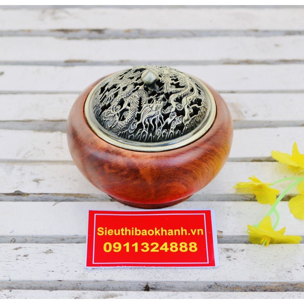 Xông trầm chế tác từ gỗ hương-nắp trạm trổ long phụng tinh xảo (loại 10cm)