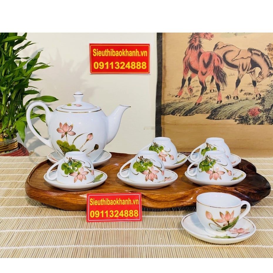 Bộ ấm chén men trắng vẽ sen xuất xưa Bát Tràng
