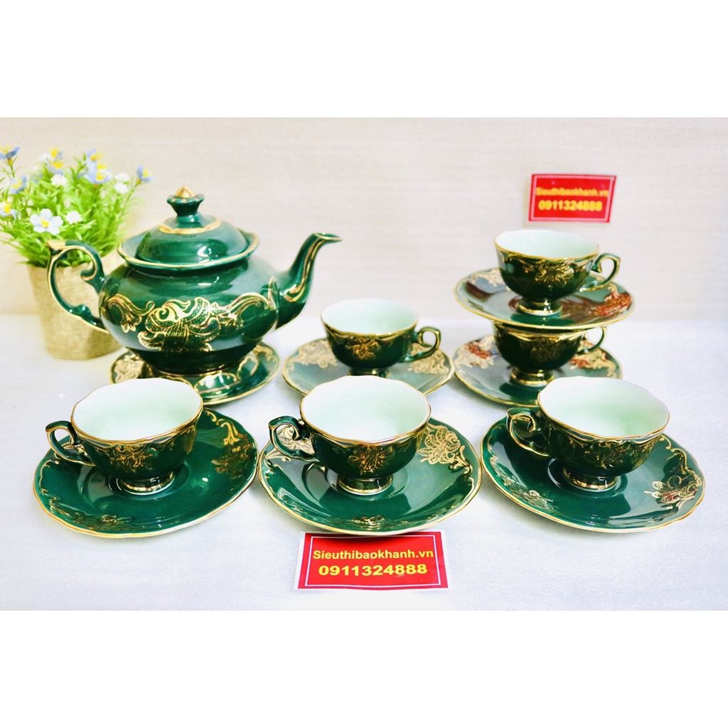 Bộ ấm men xanh vẽ vàng quà tặng xuất xứ Bát Tràng