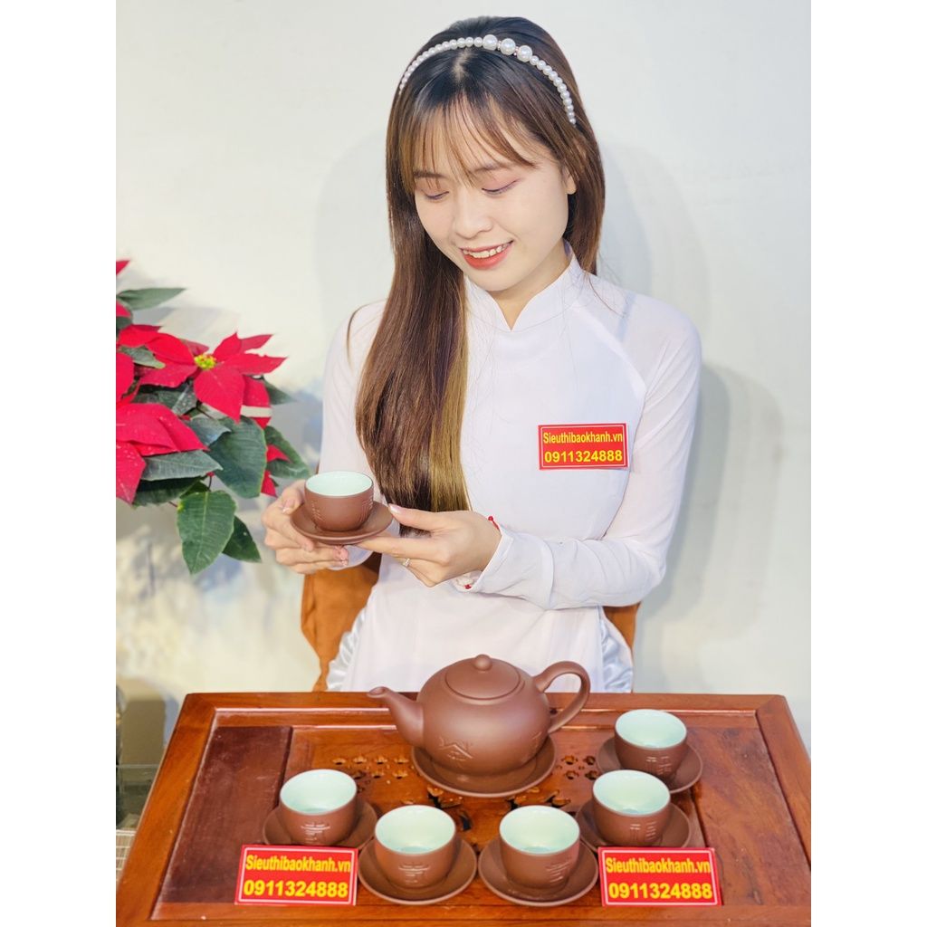 Bộ ấm chén tử sa lòng xanh họa tiết trơn xuất xứ Bát Tràng-Bảo Khánh Việt Nam 250ml