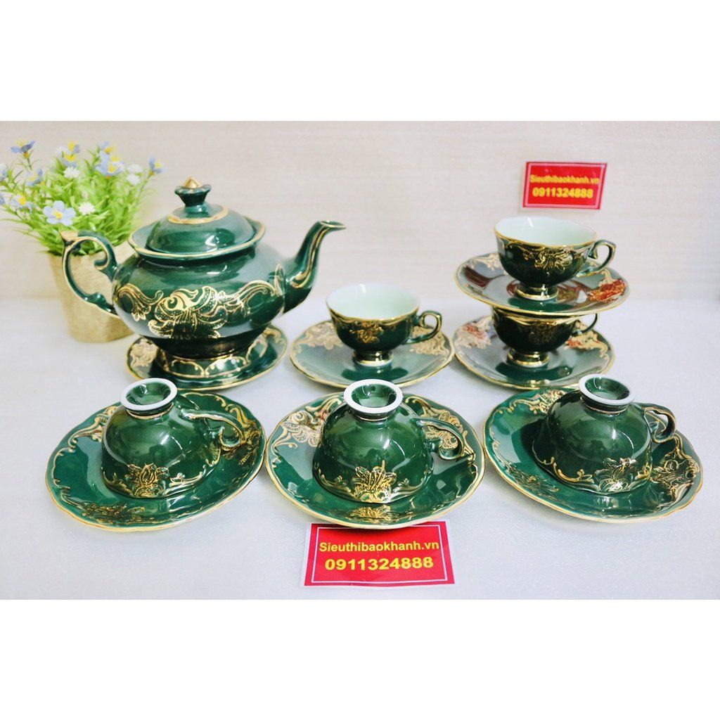 Bộ ấm men xanh vẽ vàng quà tặng xuất xứ Bát Tràng