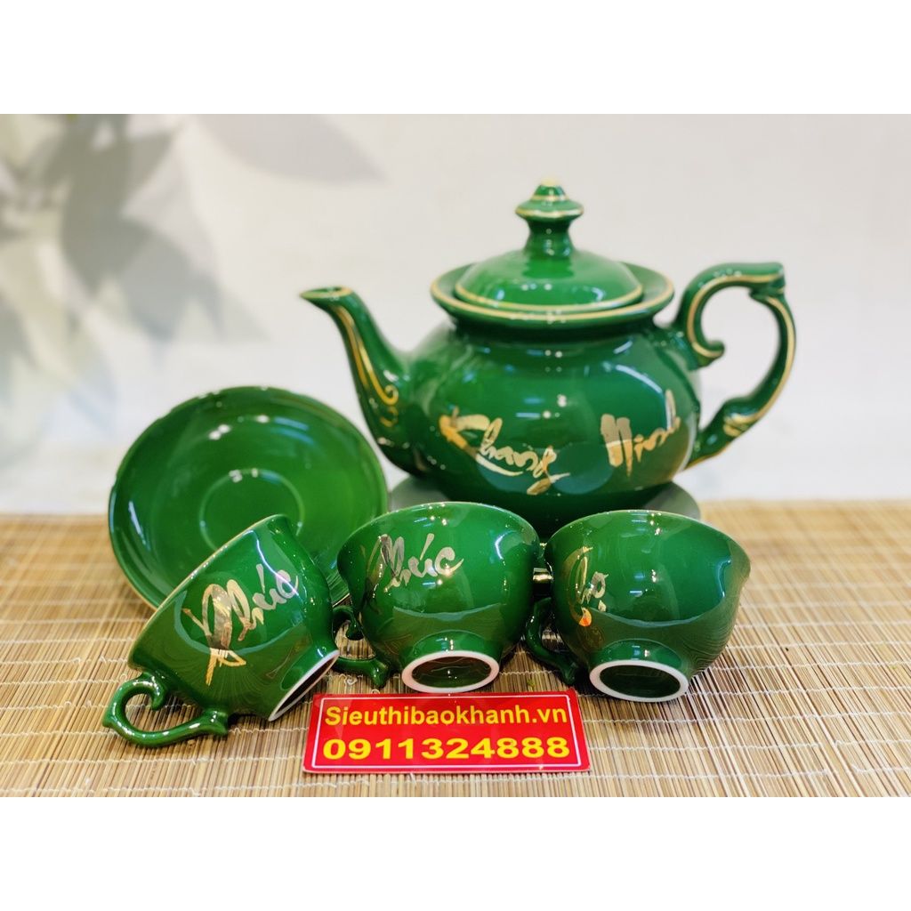 Bộ ấm chén màu xanh men ngọc họa tiết Phúc Lộc Thọ vẽ vàng Bát Tràng BKCEVN-8031