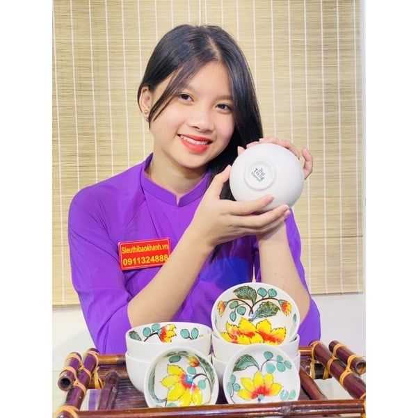Bộ bát vẽ hoa kèm phụ kiện xuất xứ Bát Tràng