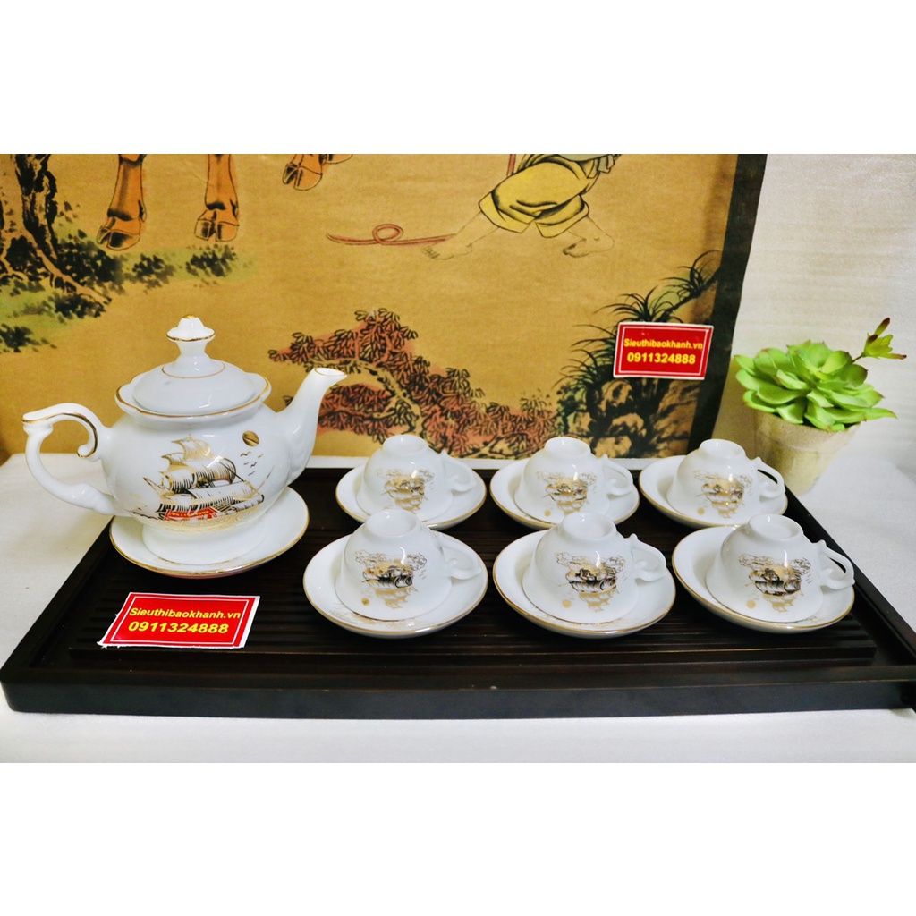 Bộ ấm men trắng vẽ vàng quà tặng xuất xứ Bát Tràng