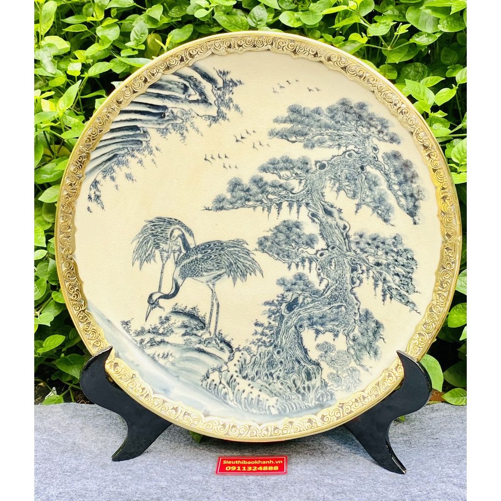 Đĩa gốm trang trí,để bàn họa tiết Tùng Hạc Diên Niên chính hãng Bát Tràng 35cm