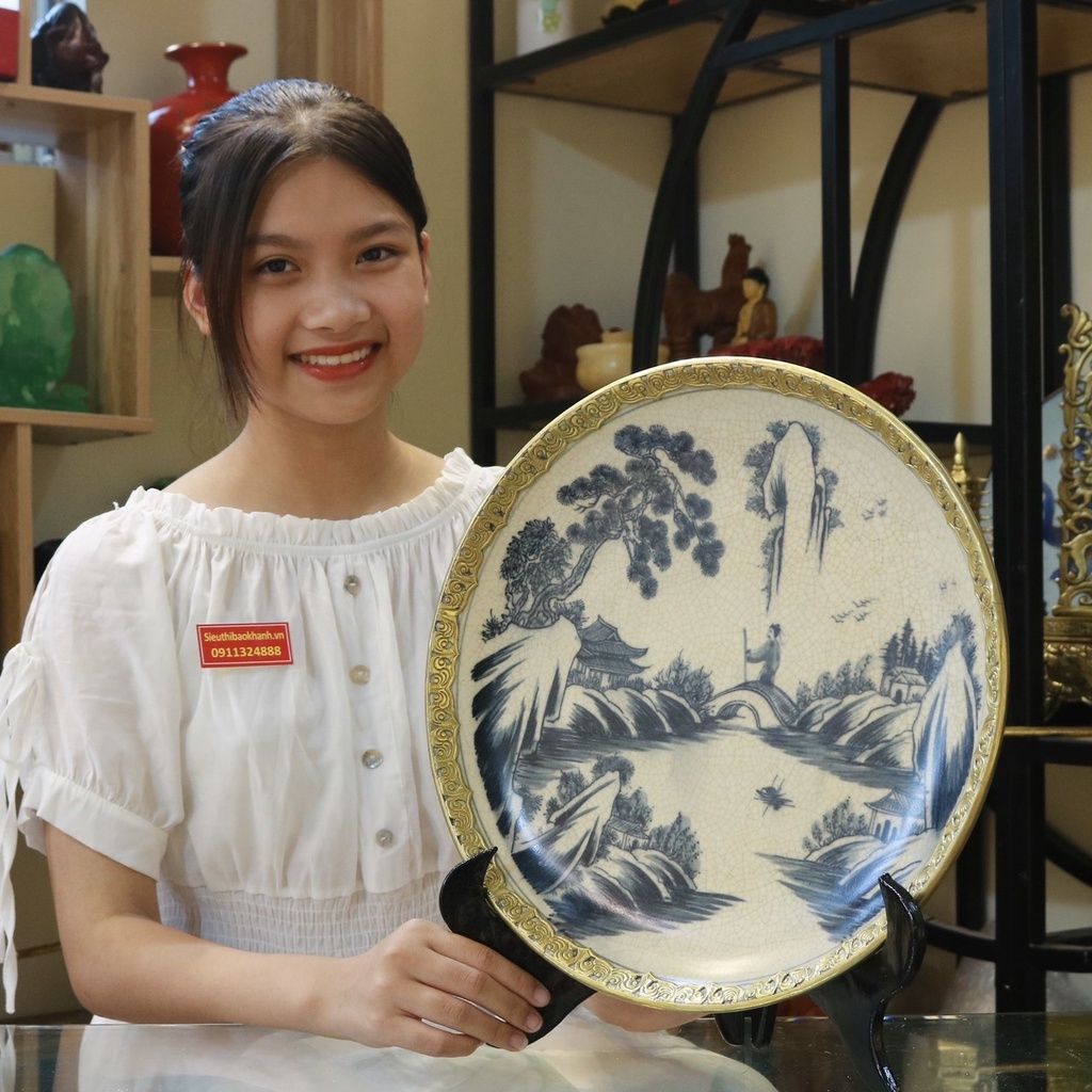 Đĩa Cảnh Men Rạn Bát Tràng Bọc Đồng - Đĩa Trang Trí 35cm-Bảo Khánh