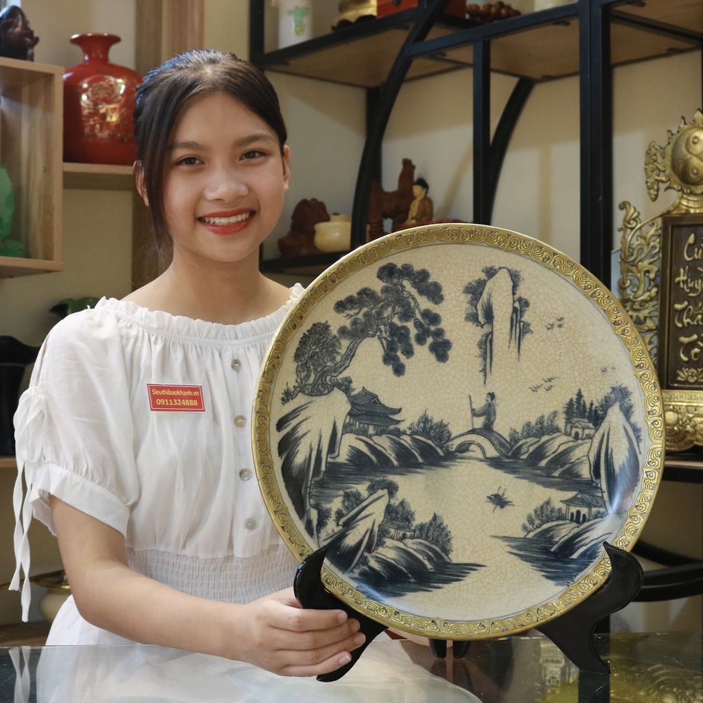 Đĩa Cảnh Men Rạn Bát Tràng Bọc Đồng - Đĩa Trang Trí 35cm-Bảo Khánh