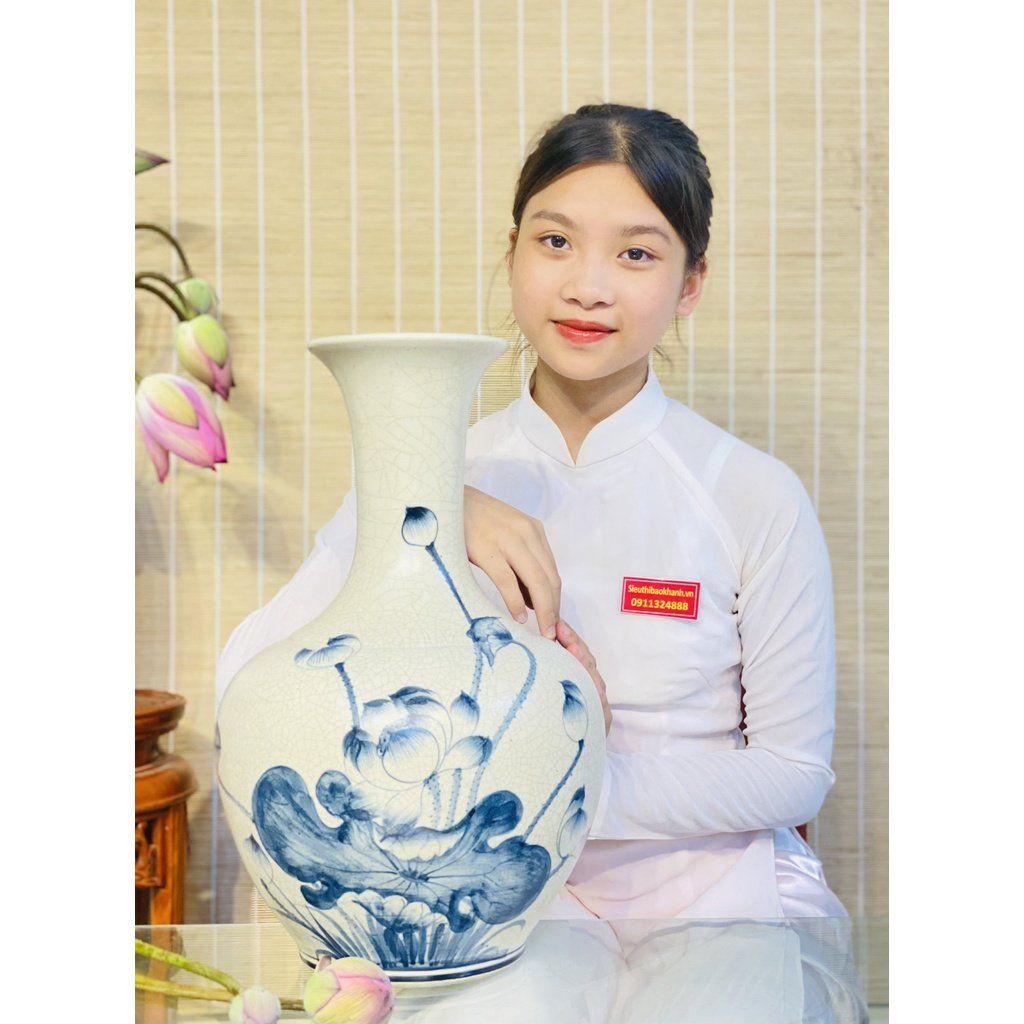 Bình gốm men rạn cao cấp họa tiết hao sen