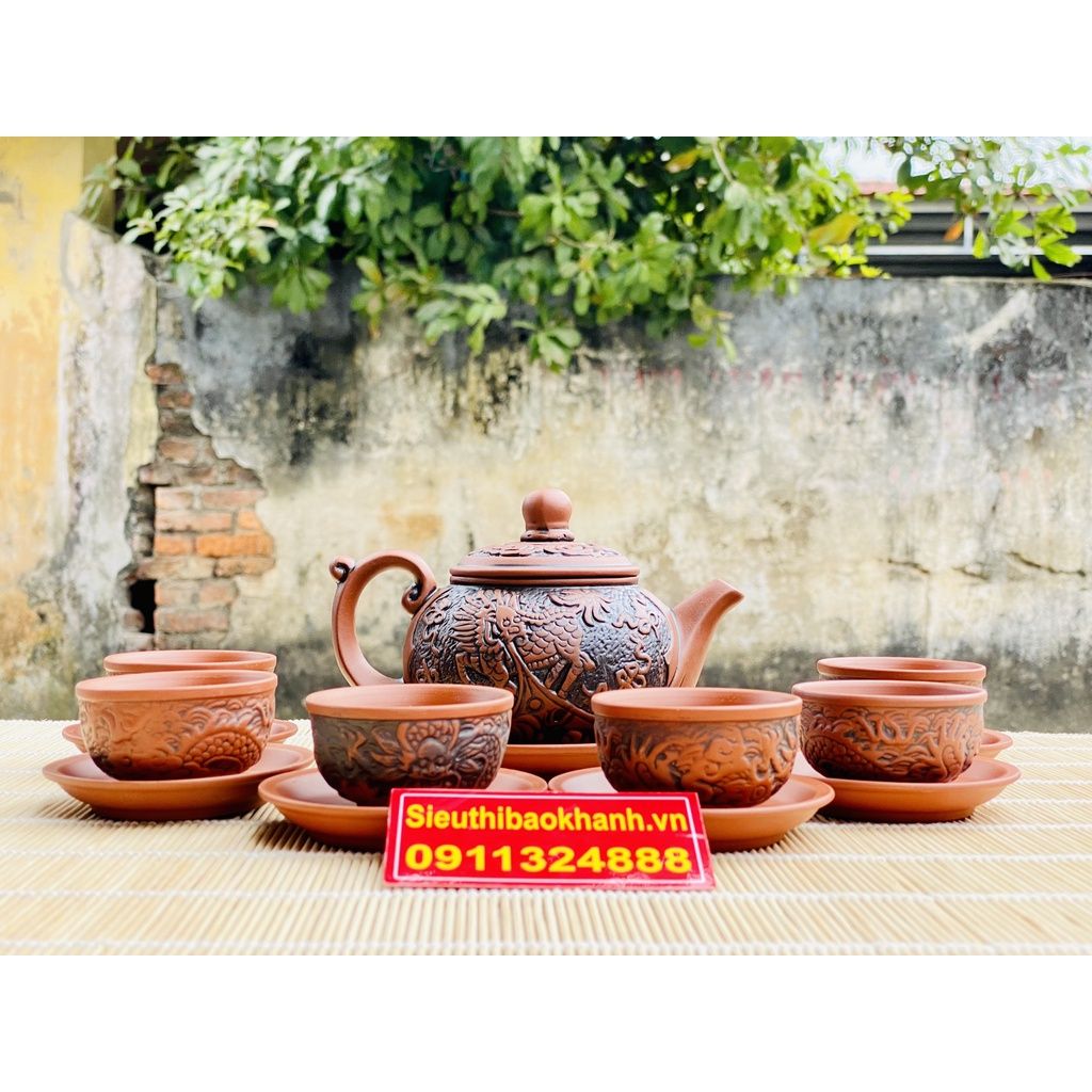 Ấm trà⚡️BÁT TRÀNG⚡️Bộ ấm chén tử sa đắp nổi 350ml-Bát Tràng Bảo Khánh