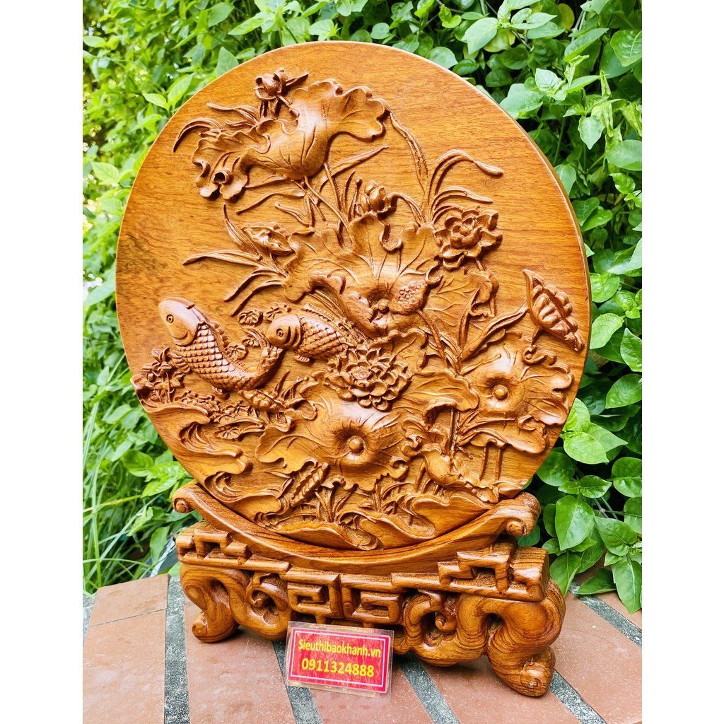 Đĩa sen cá uyên ương phong thủy -Đồ gỗ Bảo Khánh