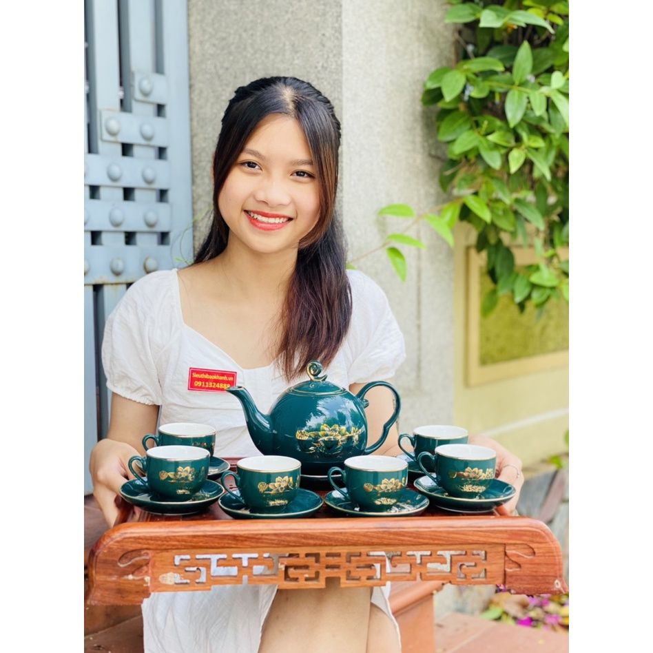 Bộ ấm chén men xanh họa tiết hoa sen vẽ vàng-Ấm chén Bảo Khánh