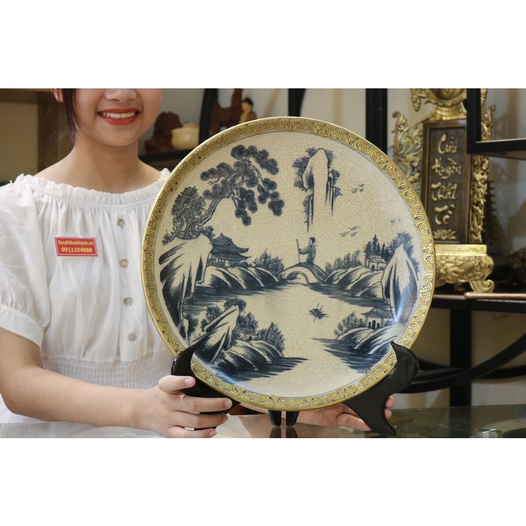 Đĩa Cảnh Men Rạn Bát Tràng Bọc Đồng - Đĩa Trang Trí 35cm-Bảo Khánh