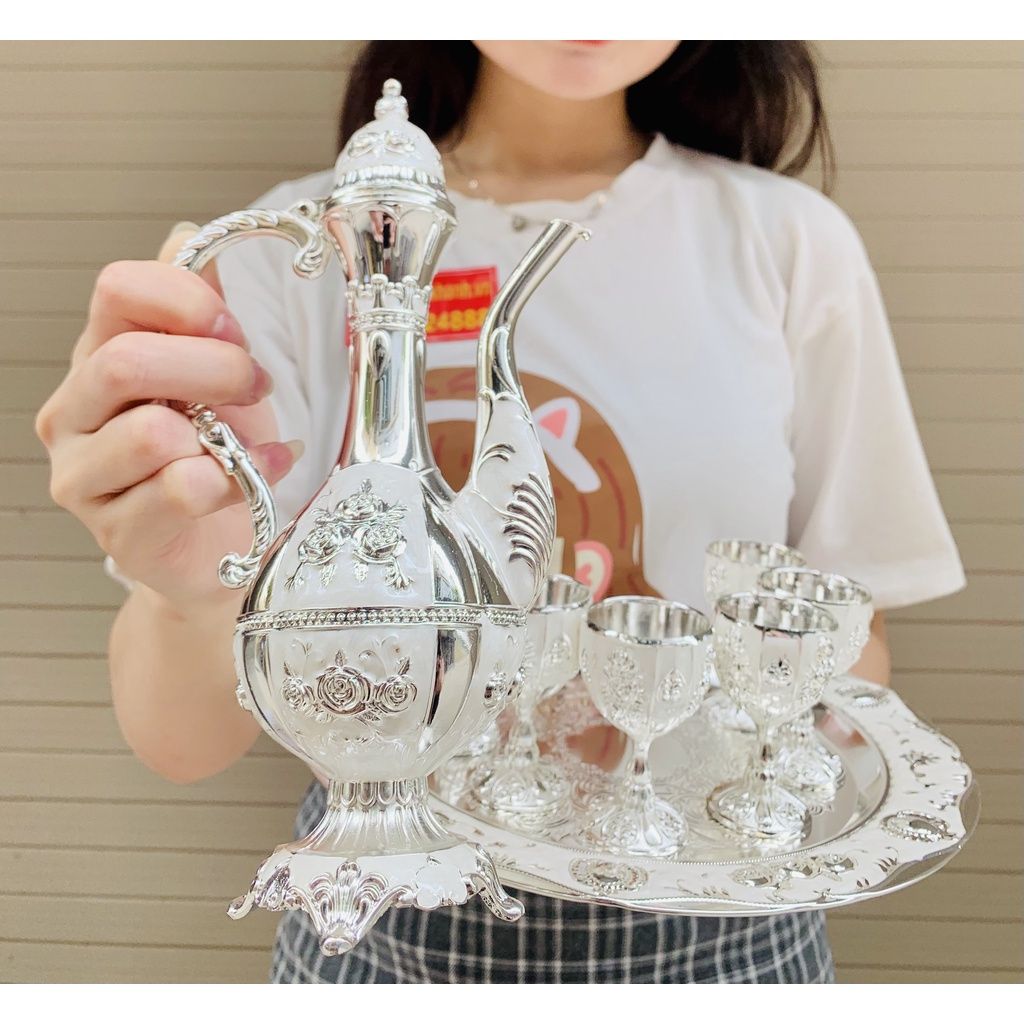Bộ ấm chén đồng trắng quà tặng,trang trí dáng hoàng gia 750ml-Ấm chén Bảo Khánh