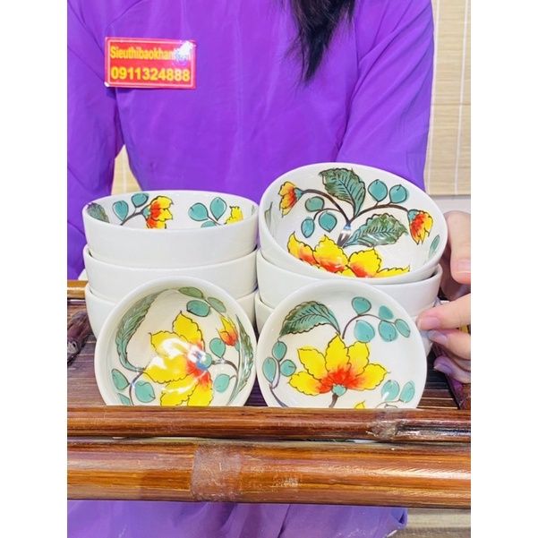 Bộ bát vẽ hoa kèm phụ kiện xuất xứ Bát Tràng