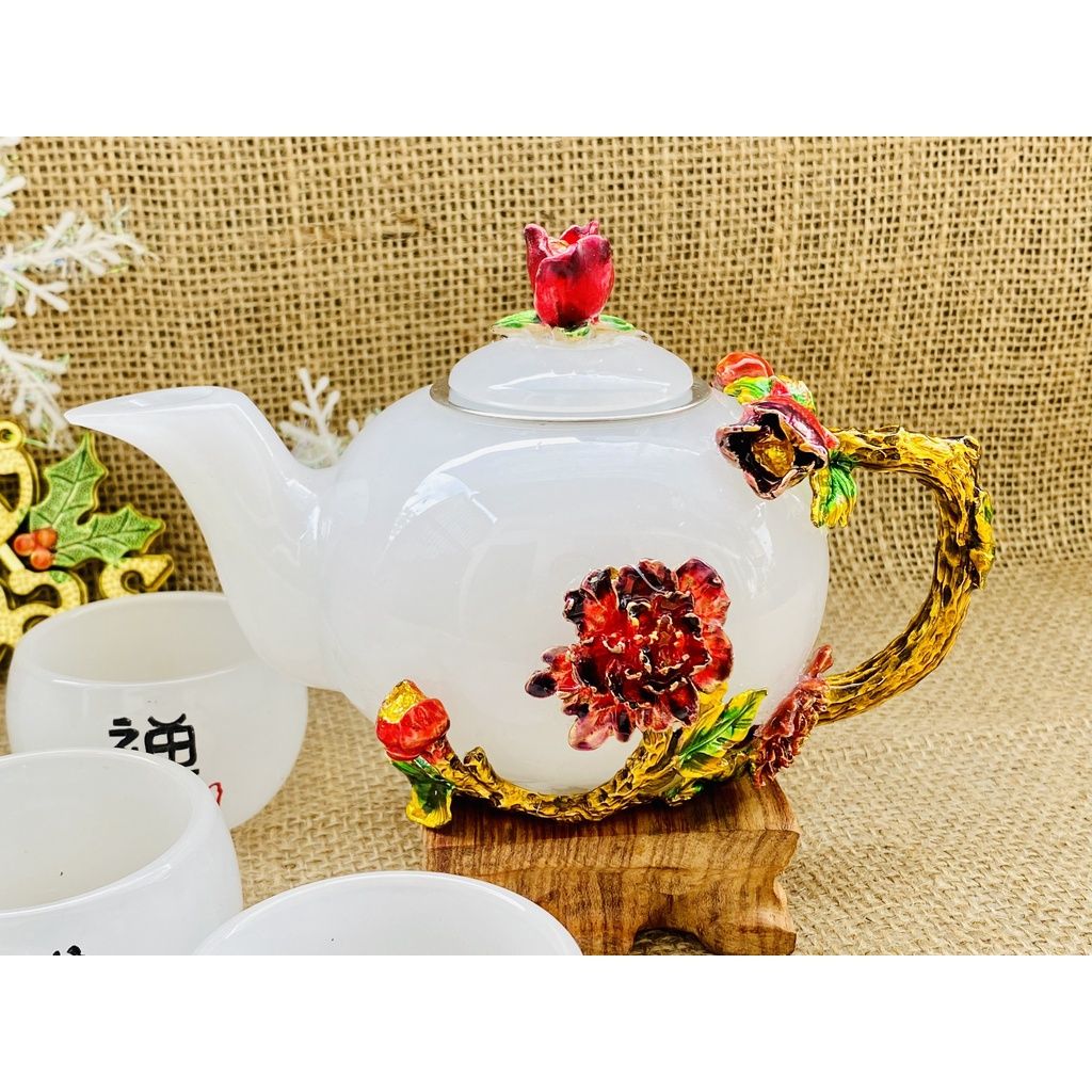 Bộ ấm trà đá ngọc nguyên khối Pakistan cao cấp-mỹ nghệ bảo khánh 350ml