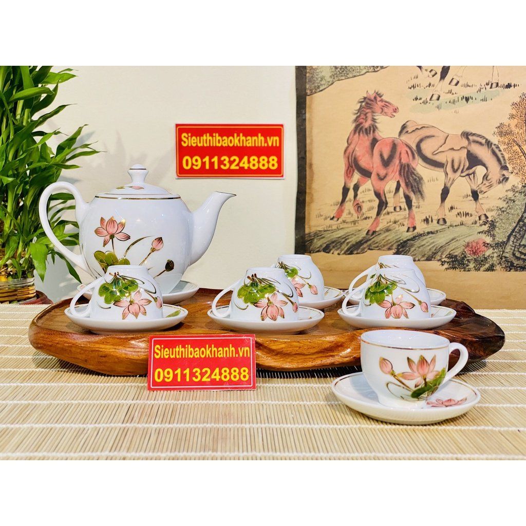 Bộ ấm chén men trắng vẽ sen xuất xưa Bát Tràng