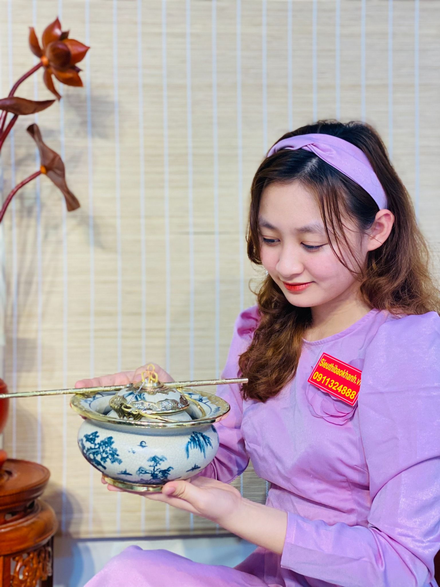 Bộ điếu bát Bát Tràng Sơn Thủy bọc đồng cao cấp BKCE-001360VN-1416