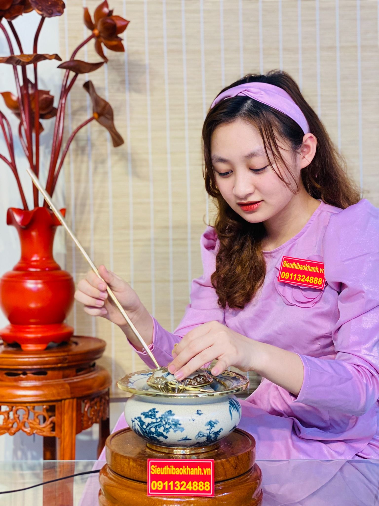 Bộ điếu bát Bát Tràng Sơn Thủy bọc đồng cao cấp BKCE-001360VN-1416