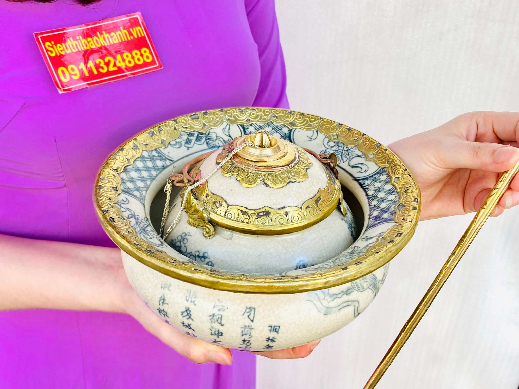 Bộ điếu bát men rạn Bát Tràng tranh cổ Trung Hoa BKCE-001360VN-1432