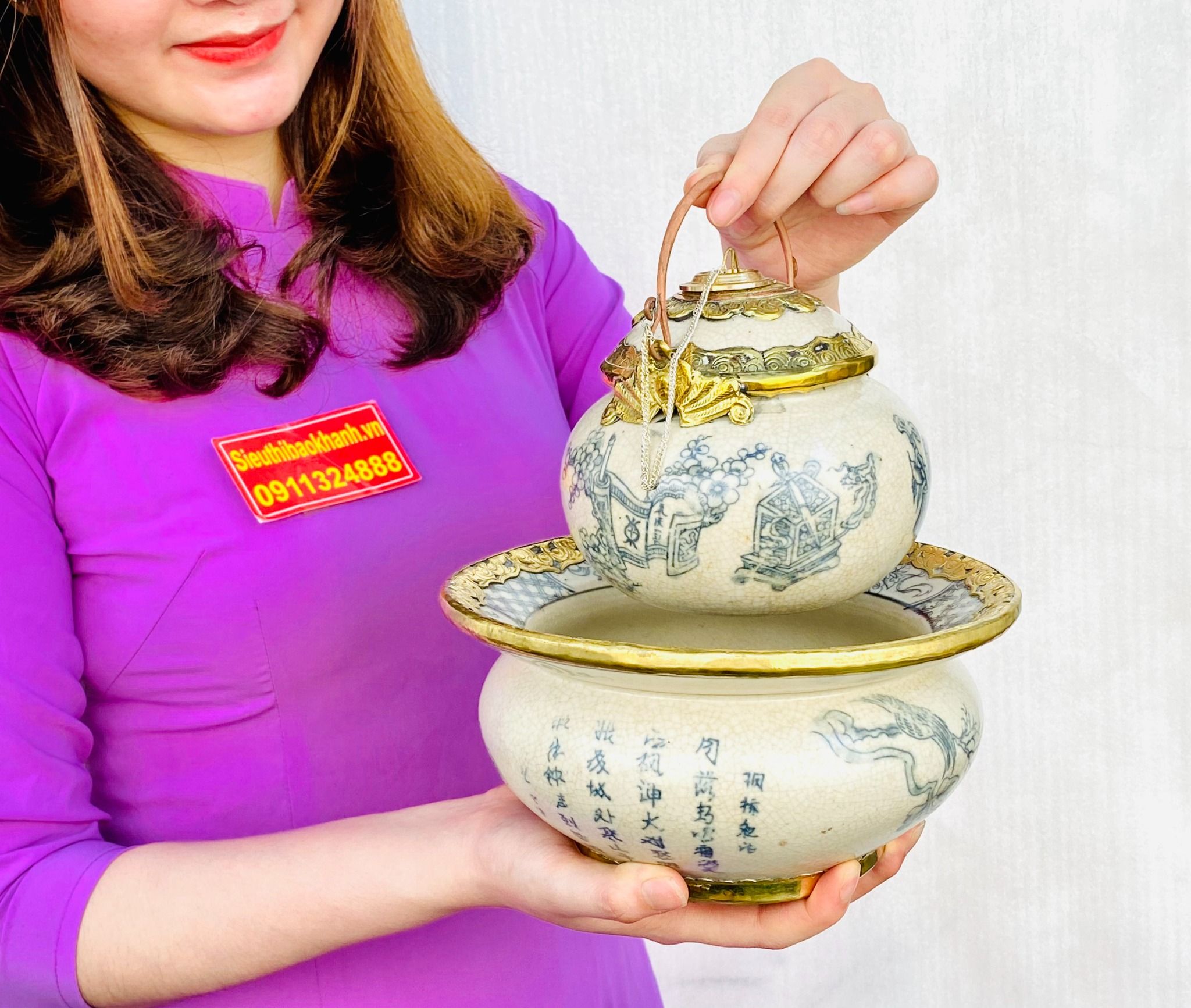 Bộ điếu bát men rạn Bát Tràng tranh cổ Trung Hoa BKCE-001360VN-1432
