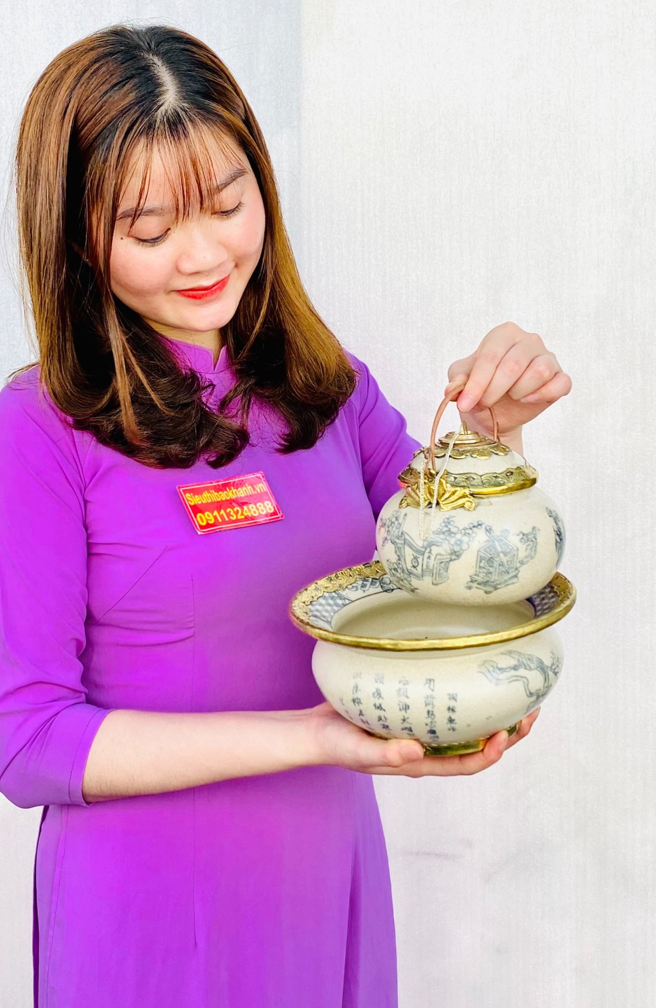 Bộ điếu bát men rạn Bát Tràng tranh cổ Trung Hoa BKCE-001360VN-1432