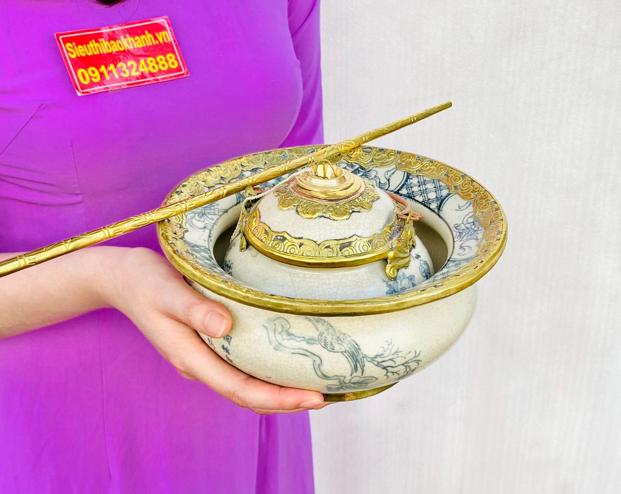 Bộ điếu bát men rạn Bát Tràng tranh cổ Trung Hoa BKCE-001360VN-1432