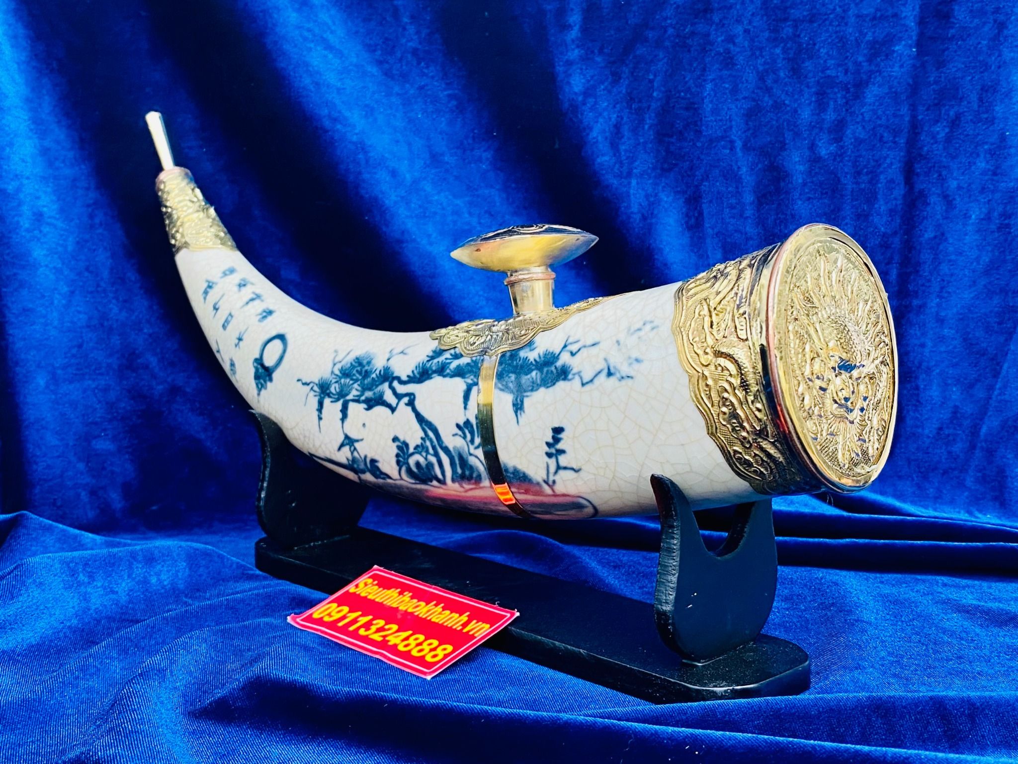 Điếu Cày Ngà Voi Men Rạn Giả Cổ – Sơn Thủy Bọc Đồng Bát Tràng BKCE-001400VN-1414