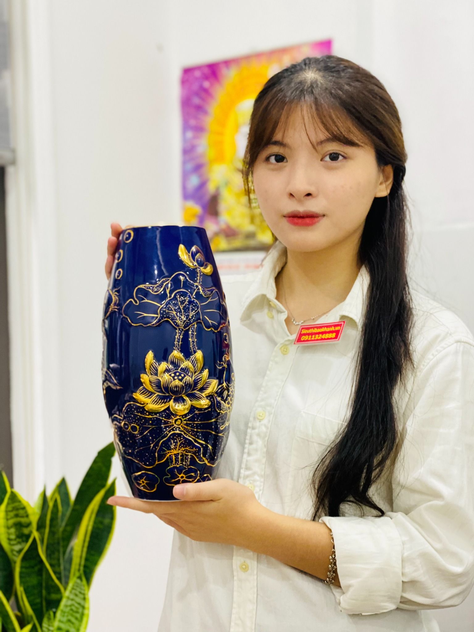  Bình hoa trang trí phong thủy Lí Ngư Vọng Nguyệt cao 40cm 