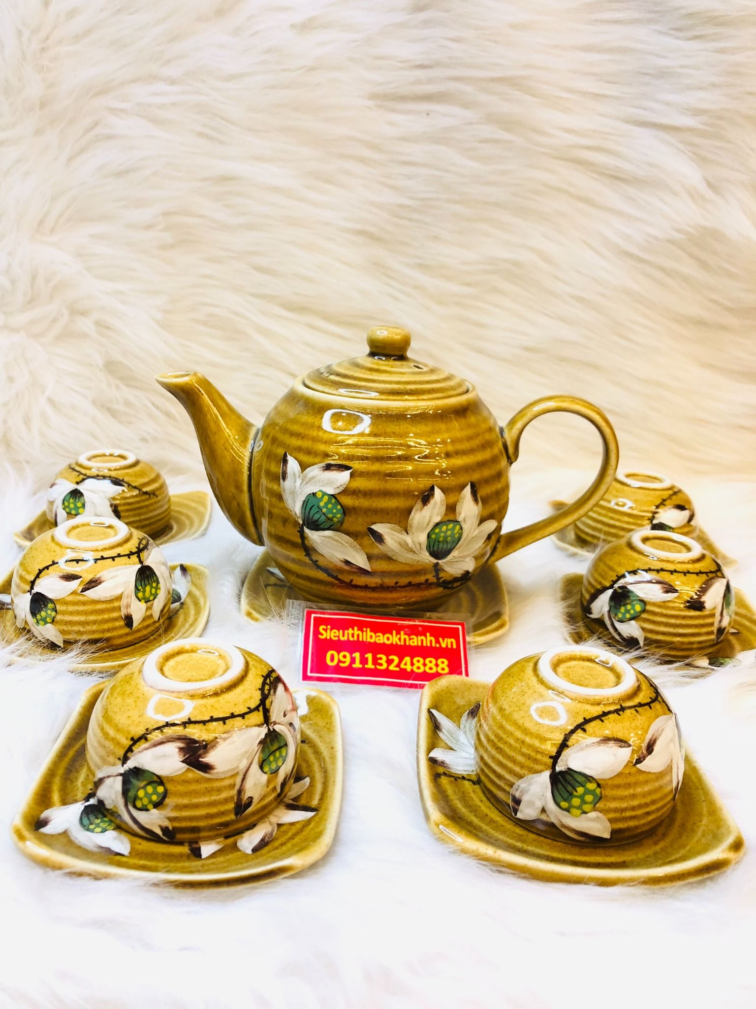 Bộ Ấm Chén Bát Tràng Uống Trà Cao Cấp vẽ sen
