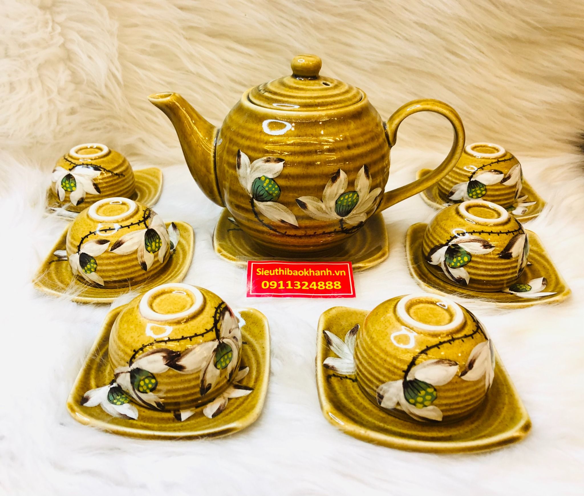 Bộ Ấm Chén Bát Tràng Uống Trà Cao Cấp vẽ sen