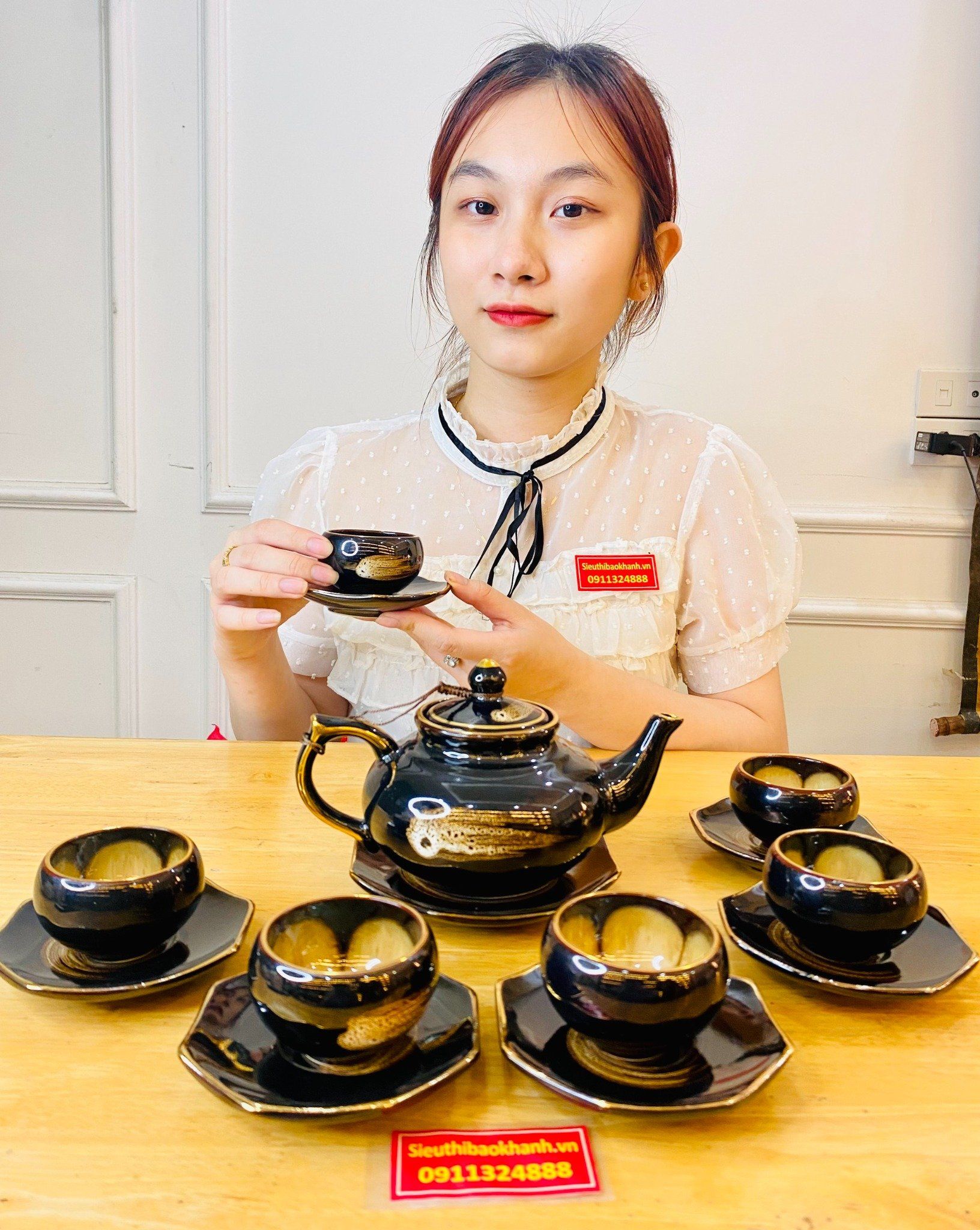 Bộ ấm chén hỏa biến lòng hoa men nâu chuẩn Bát Tràng