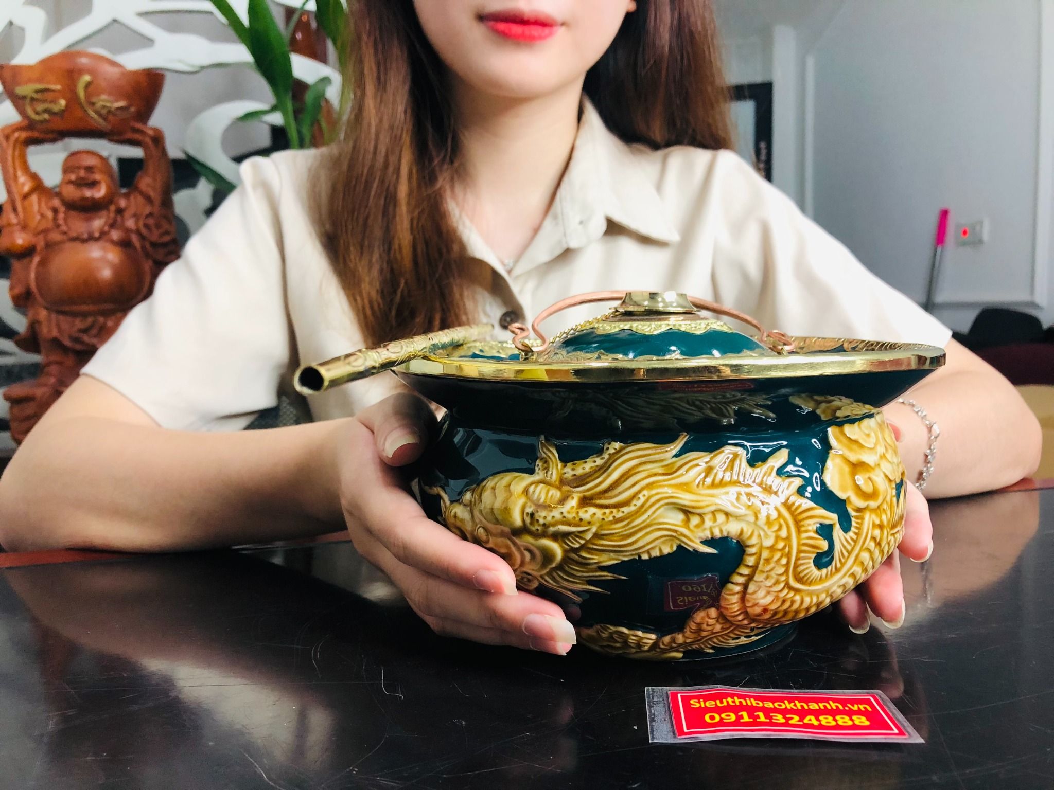 Bộ Điếu Bát Xanh Men Xanh Ngọc Lục Bảo họa tiết rồng vàng bọc đồng cao cấp BKCEVN-8025