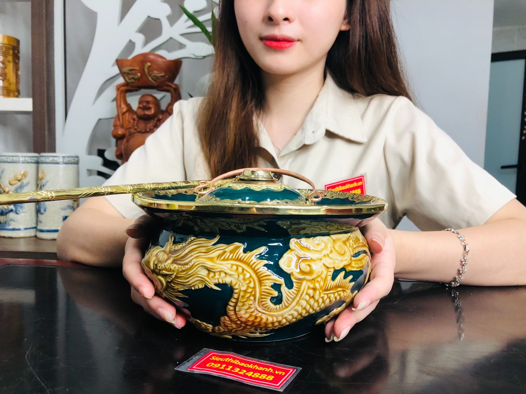 Bộ Điếu Bát Xanh Men Xanh Ngọc Lục Bảo họa tiết rồng vàng bọc đồng cao cấp BKCEVN-8025