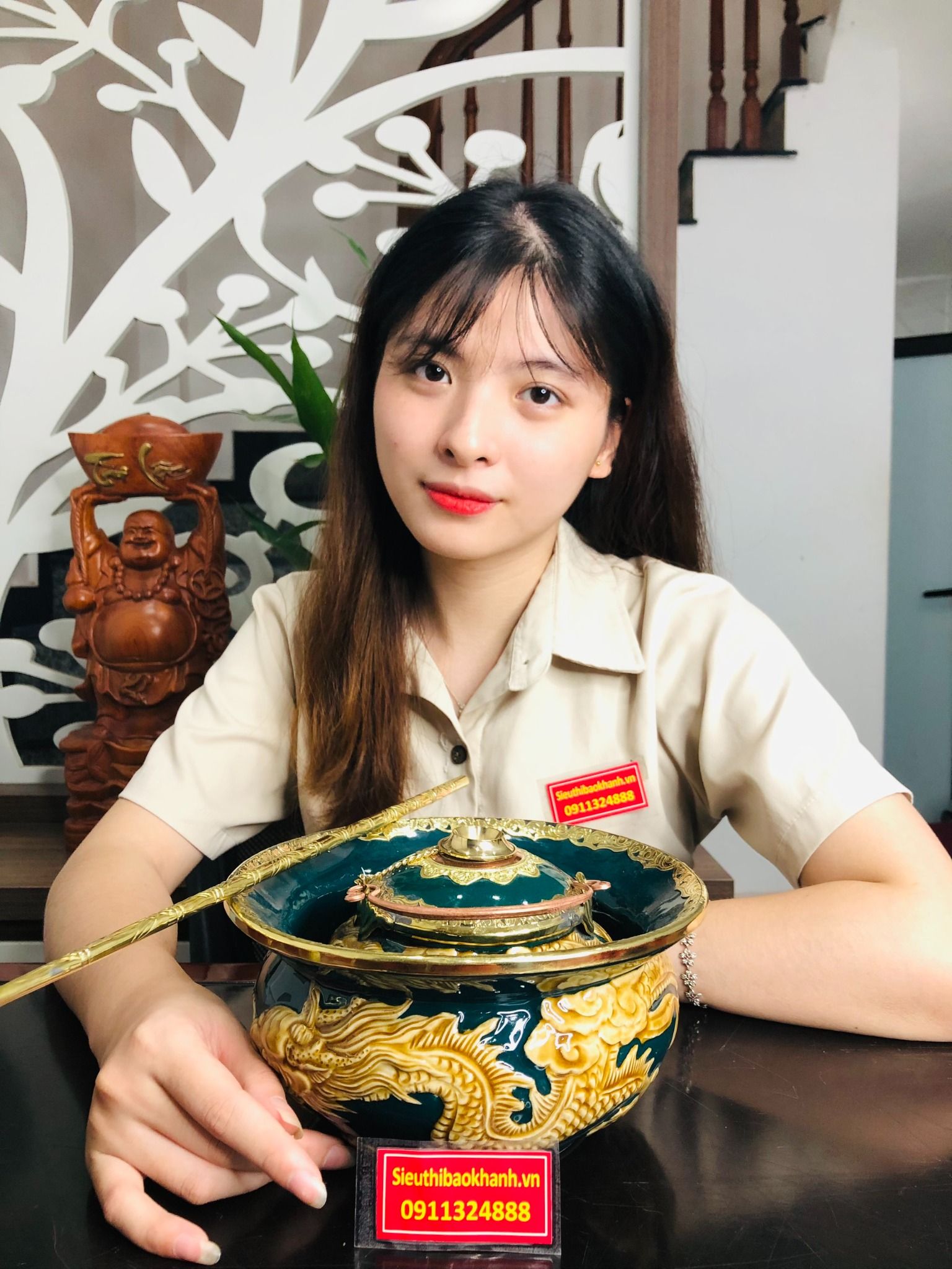 Bộ Điếu Bát Xanh Men Xanh Ngọc Lục Bảo họa tiết rồng vàng bọc đồng cao cấp BKCEVN-8025