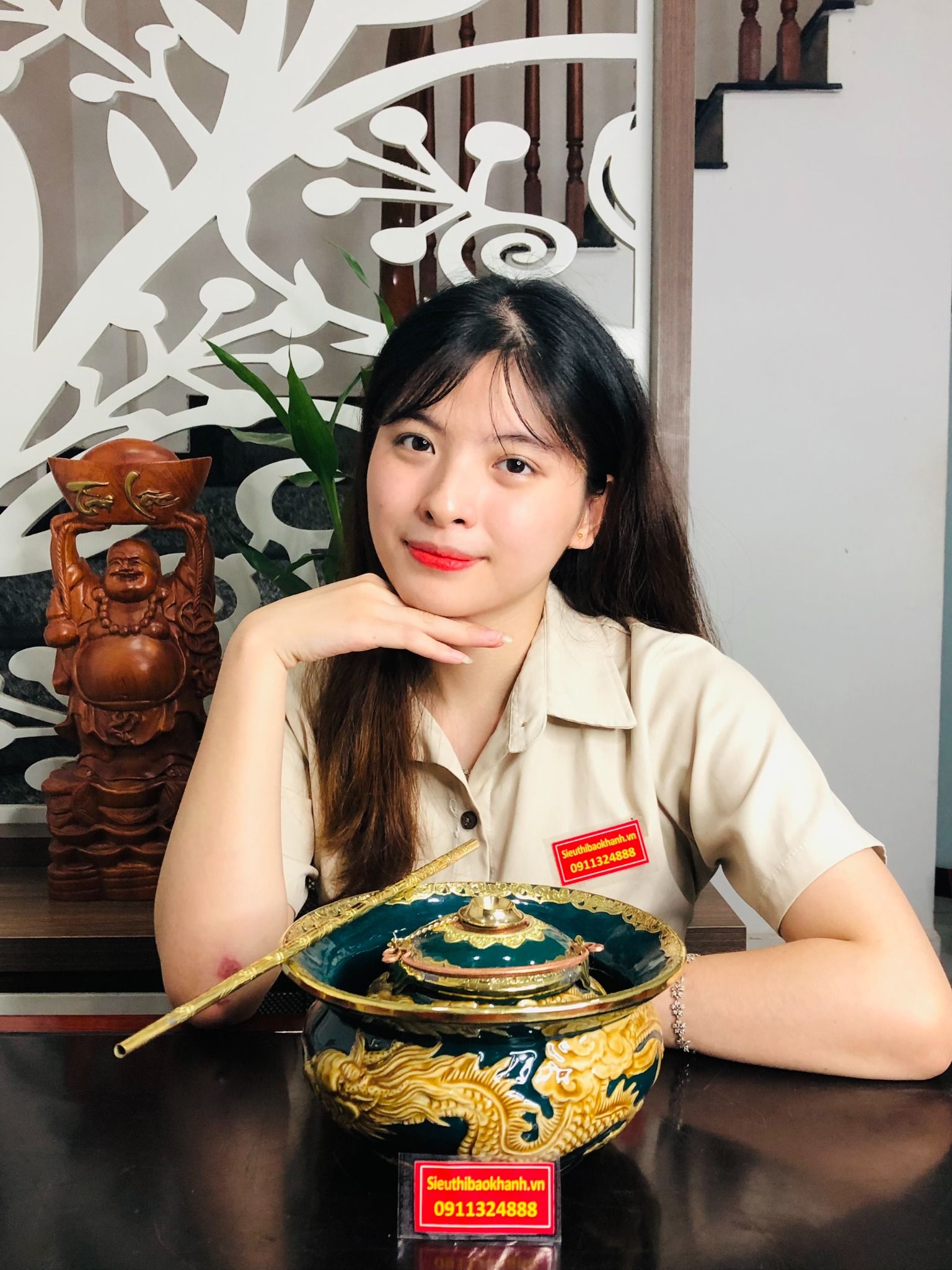 Bộ Điếu Bát Xanh Men Xanh Ngọc Lục Bảo họa tiết rồng vàng bọc đồng cao cấp BKCEVN-8025
