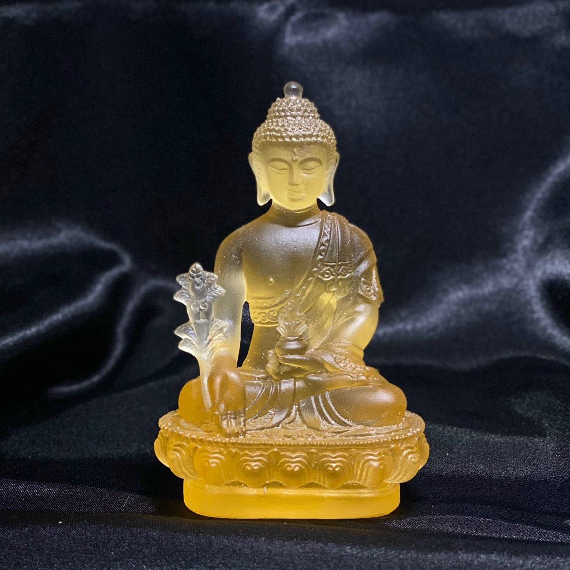 TƯỢNG PHẬT DƯỢC SƯ ĐÁ LƯU LY CAO CẤP 12CM MÀU VÀNG
