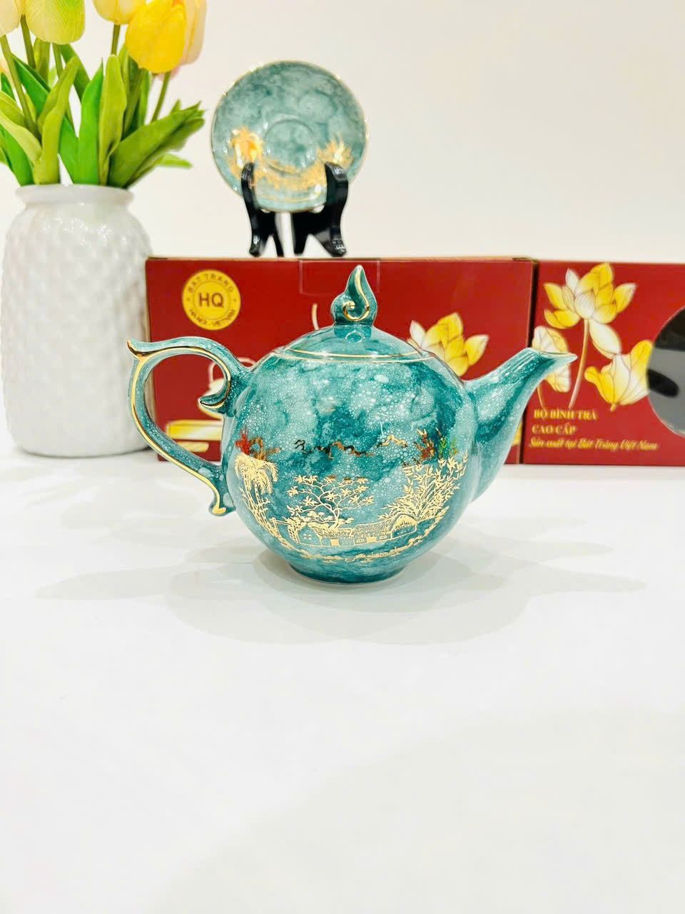 BỘ ẤM CHÉN MEN VÂN ĐÁ XANH PHONG CẢNH VIỆT NAM (DT 500ML)