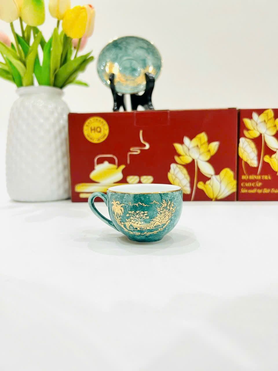 BỘ ẤM CHÉN MEN VÂN ĐÁ XANH PHONG CẢNH VIỆT NAM (DT 500ML)