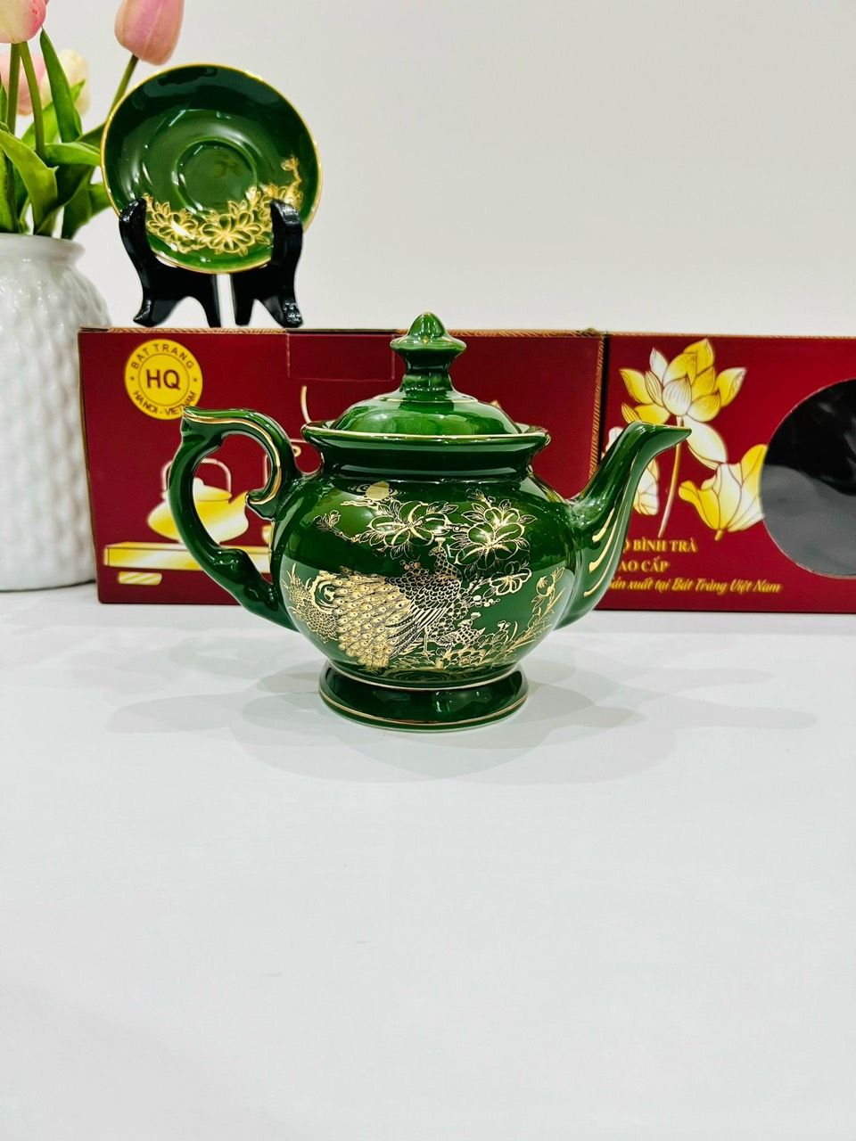 BỘ ẤM CHÉN PHÚ QUÝ RÊU CÔNG VẼ VÀNG