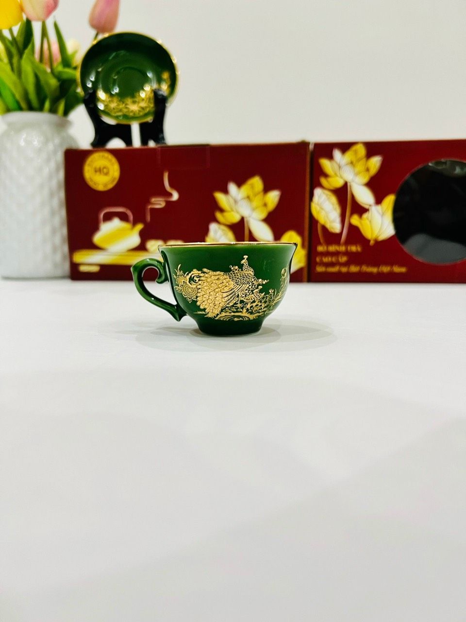 BỘ ẤM CHÉN PHÚ QUÝ RÊU CÔNG VẼ VÀNG