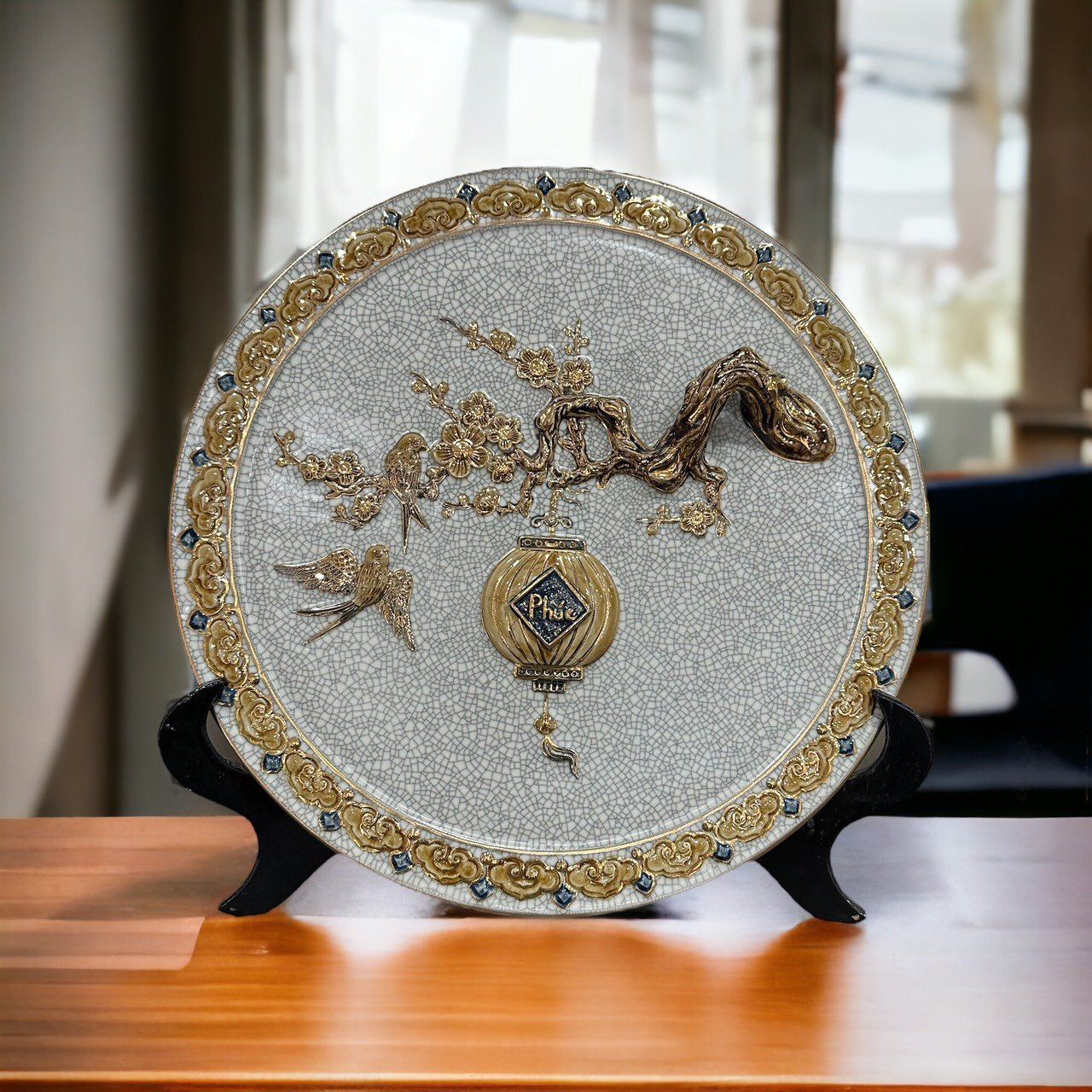TRANH MEN RẠN VẼ VÀNG (ĐK 40cm)
