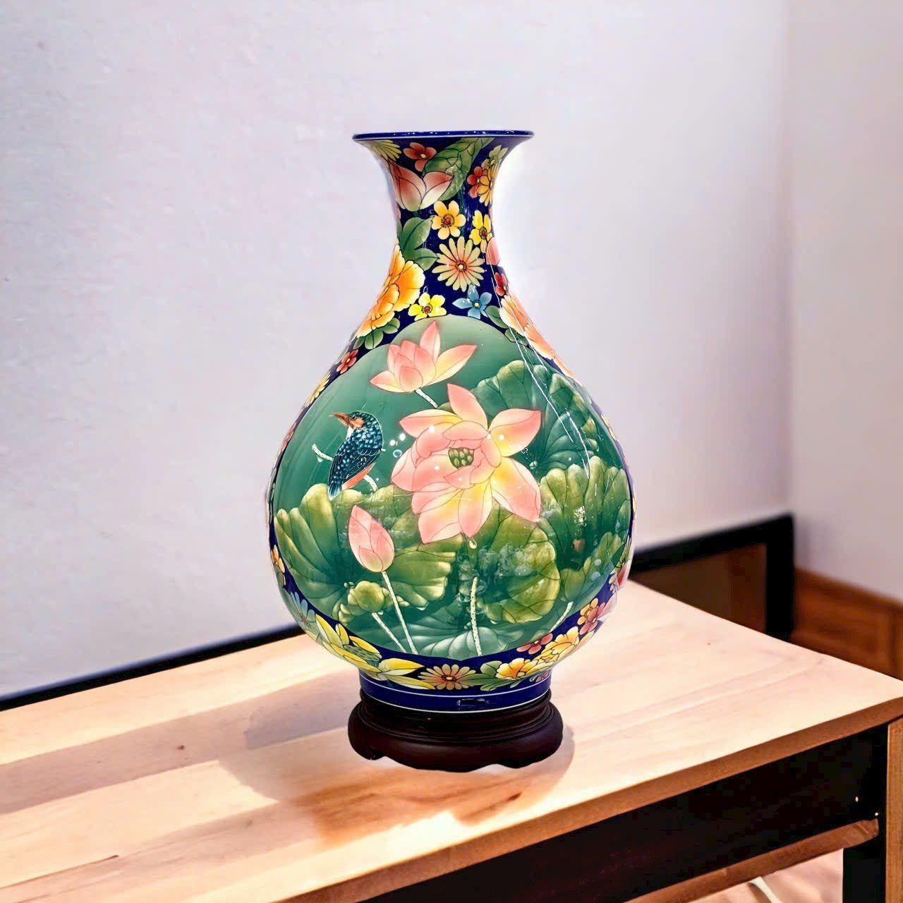 BÌNH GỐM NGHỆ THUẬT VẼ HOA SEN HỒNG CAO CẤP CAO 57CM