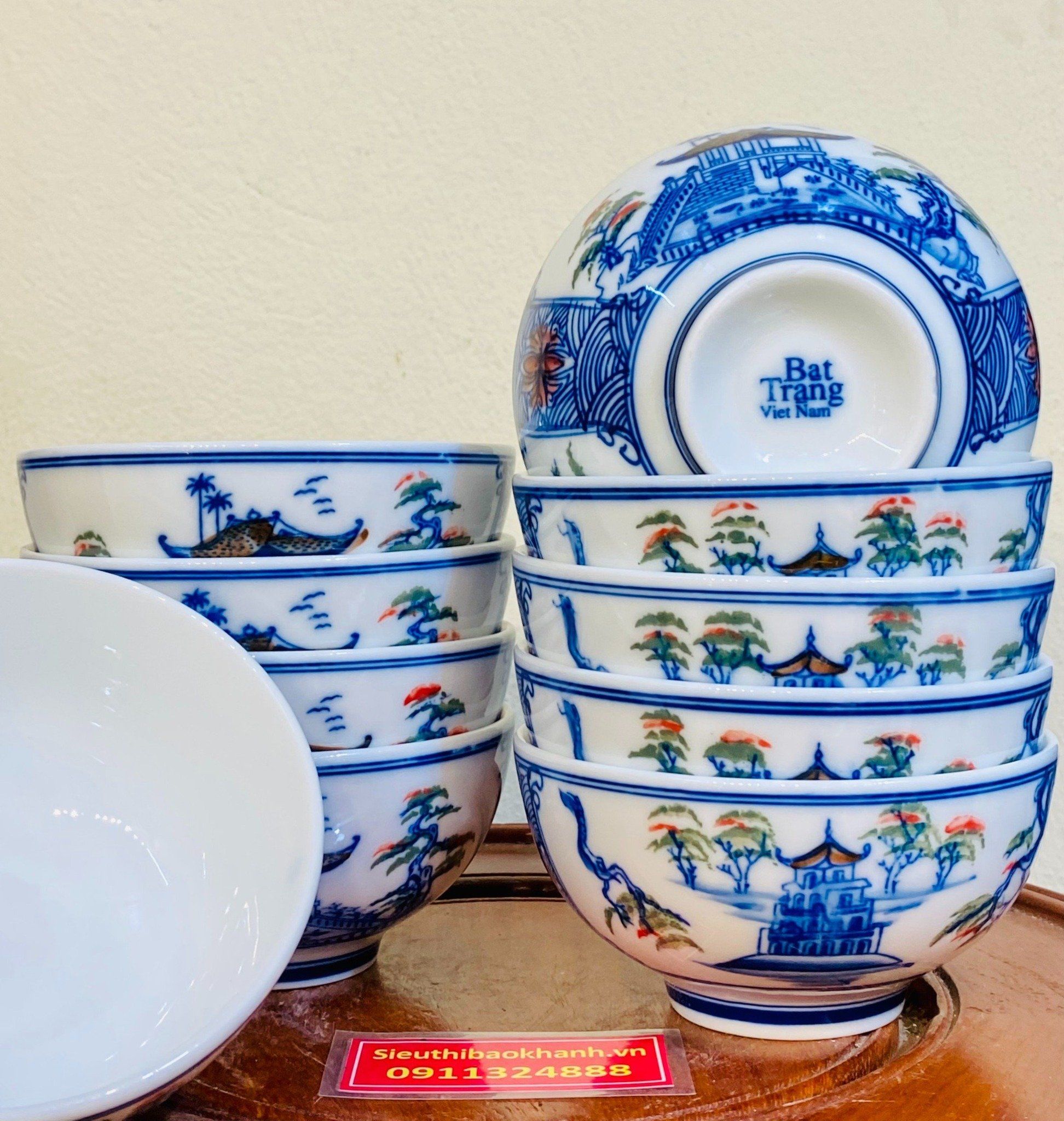 BỘ CHỤC bát ăn bằng gốm sứ cao cấp vẽ Phong cảnh chùa Hương (10 chiếc)