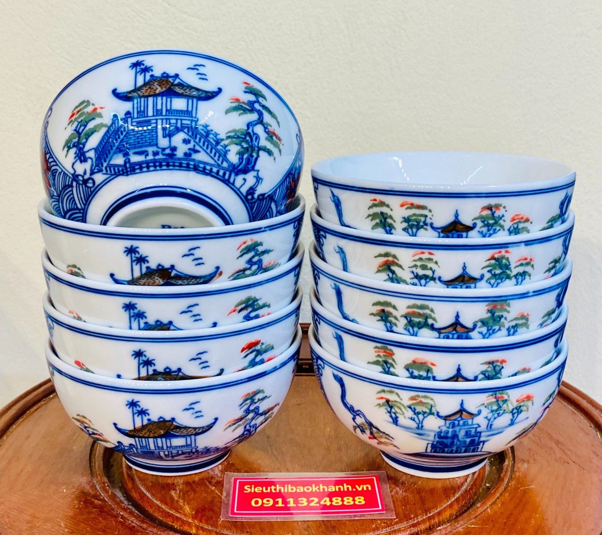 BỘ CHỤC bát ăn bằng gốm sứ cao cấp vẽ Phong cảnh chùa Hương (10 chiếc)