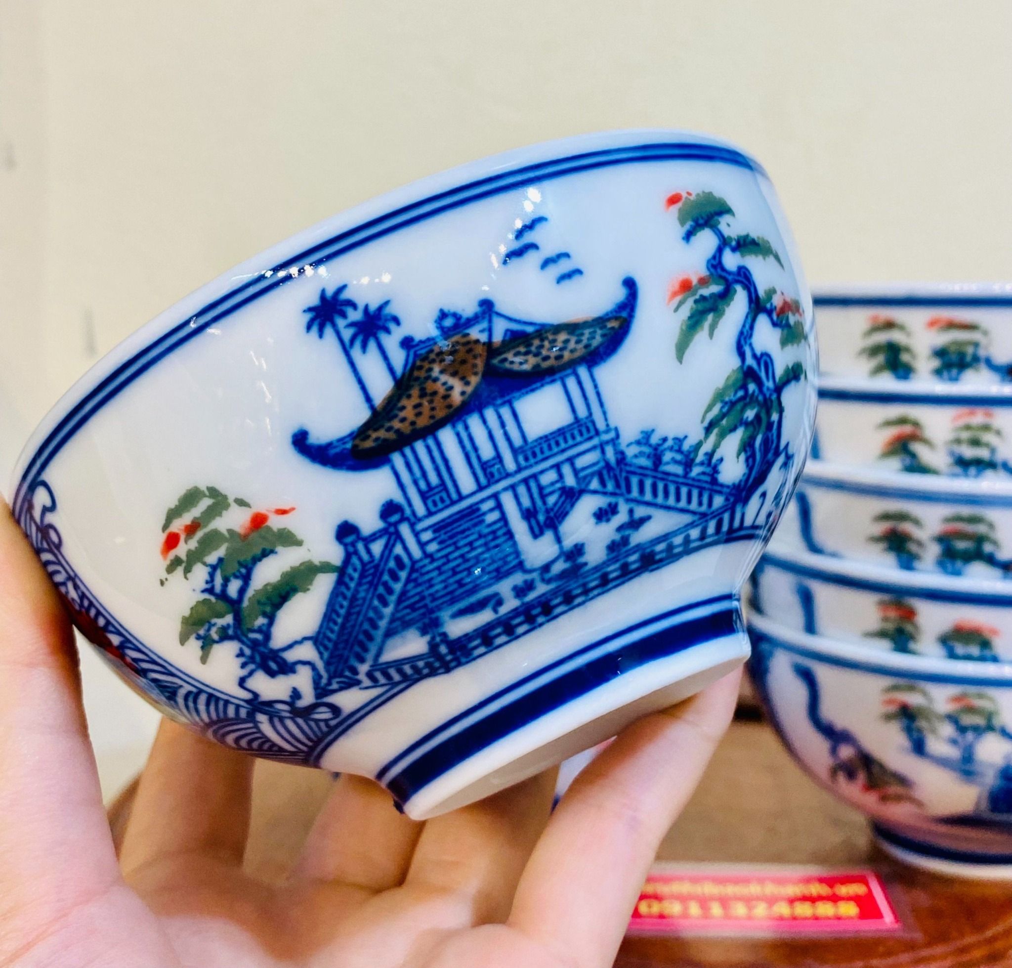 BỘ CHỤC bát ăn bằng gốm sứ cao cấp vẽ Phong cảnh chùa Hương (10 chiếc)